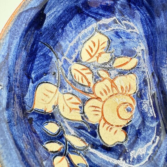 Portuguese Pottery Clay Terracotta Mini Blue Floral Olive Dish Hand-painted - Picture 5 of 8